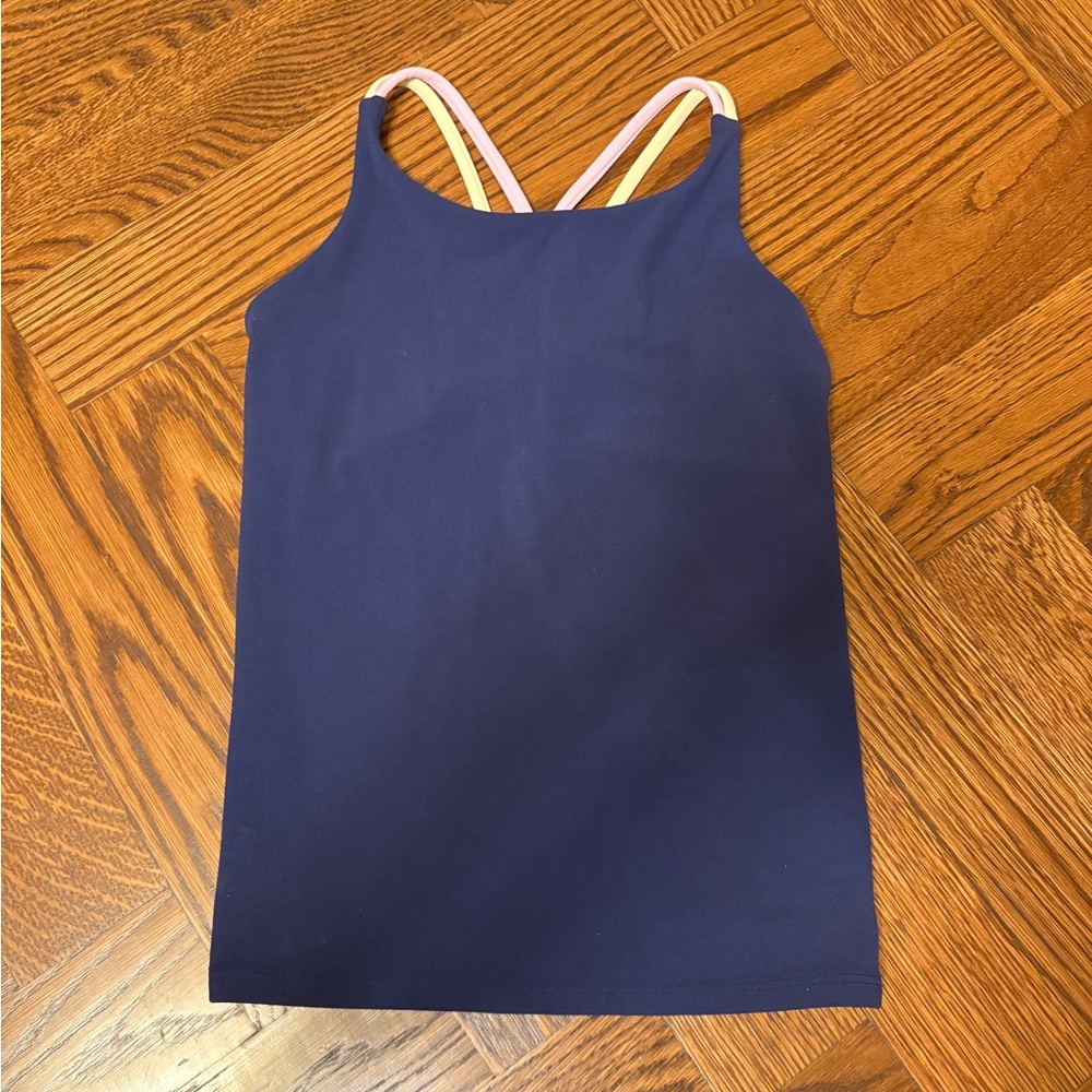 Navy Athleta full length tank top with pink and orange cross straps almost new